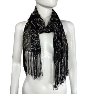 Fringed Lightweight Sheer Black Paisley Scarf